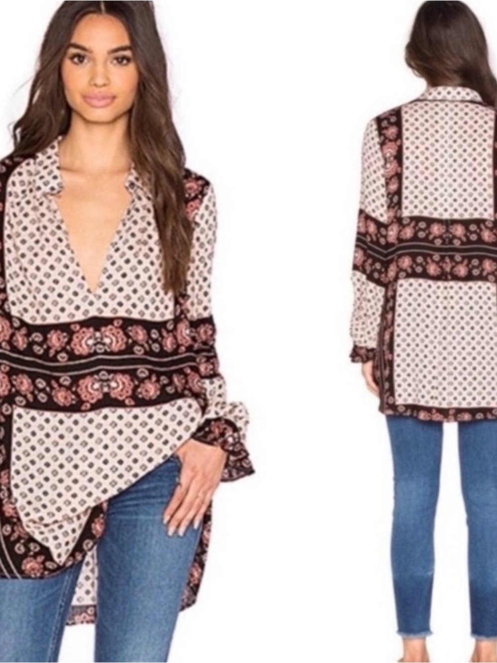 Free People Boho Floral Print Longline Blouse - Cream and Black - Copper Tag